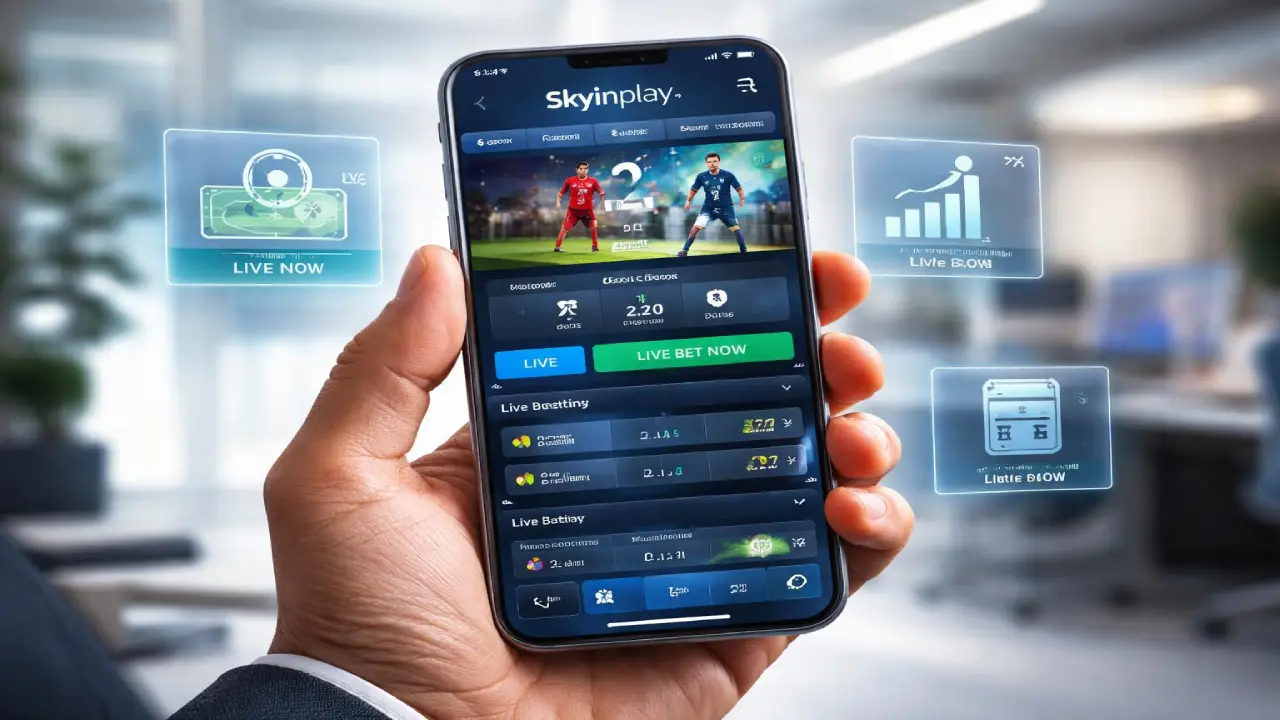 Hand holding a smartphone showing Skyinplay live sports betting app with real-time odds, live matches, and mobile betting interface