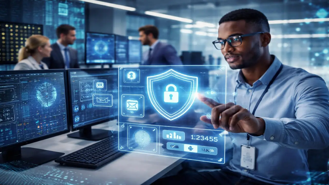 IT professional interacting with a digital cybersecurity interface showing data protection, encryption, and secure network systems on multiple screens